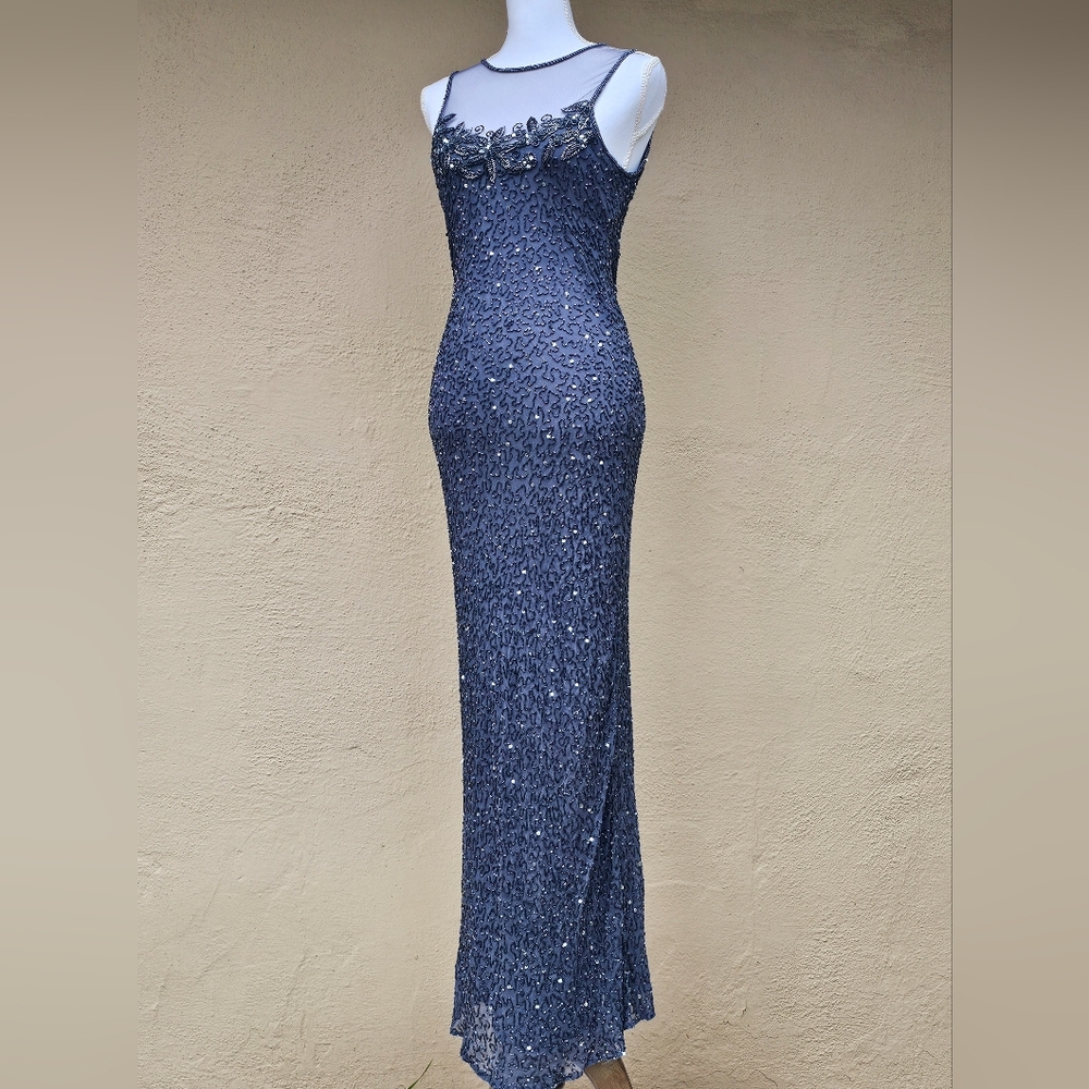 Vintage Stenay 100% Silk Bodycon Slip on Handbeaded Floor Length Dress Size 10
